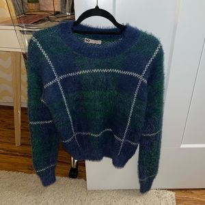 green and blue fuzzy cropped sweater